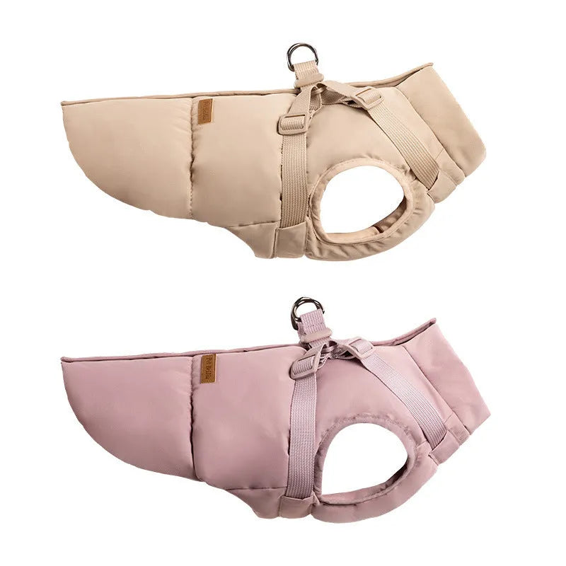 Khaki beige polyester winter dog coat on a pet, size L, windproof outer layer