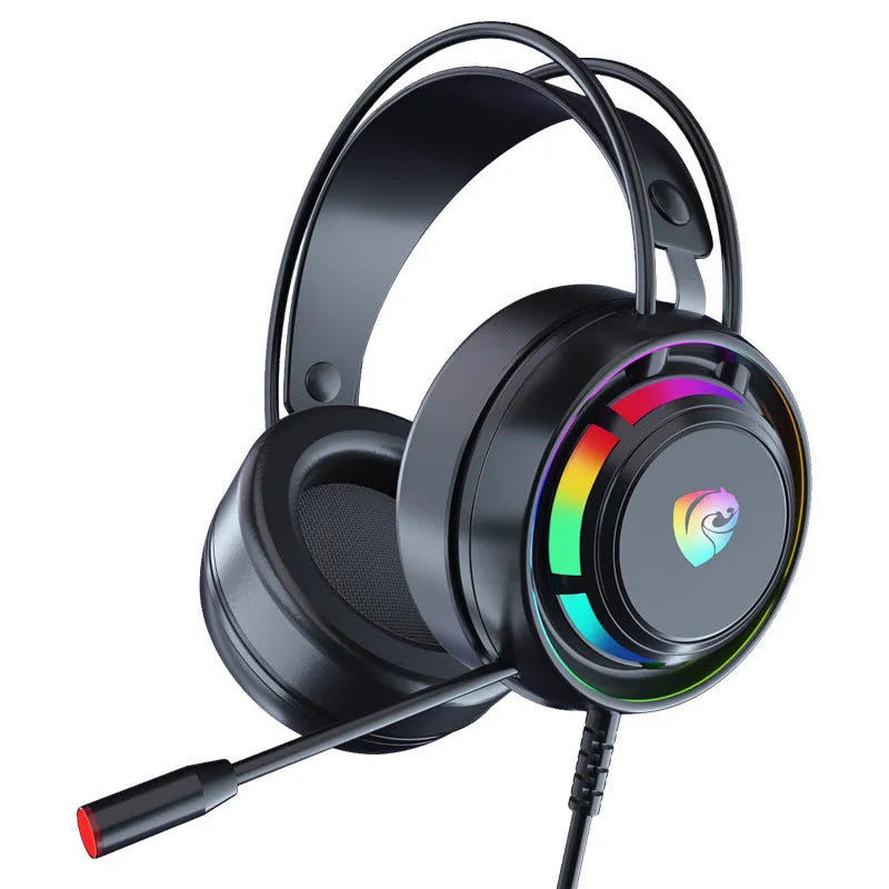 Black wired computer headphones with microphone, showing 3.5mm and USB plug options.