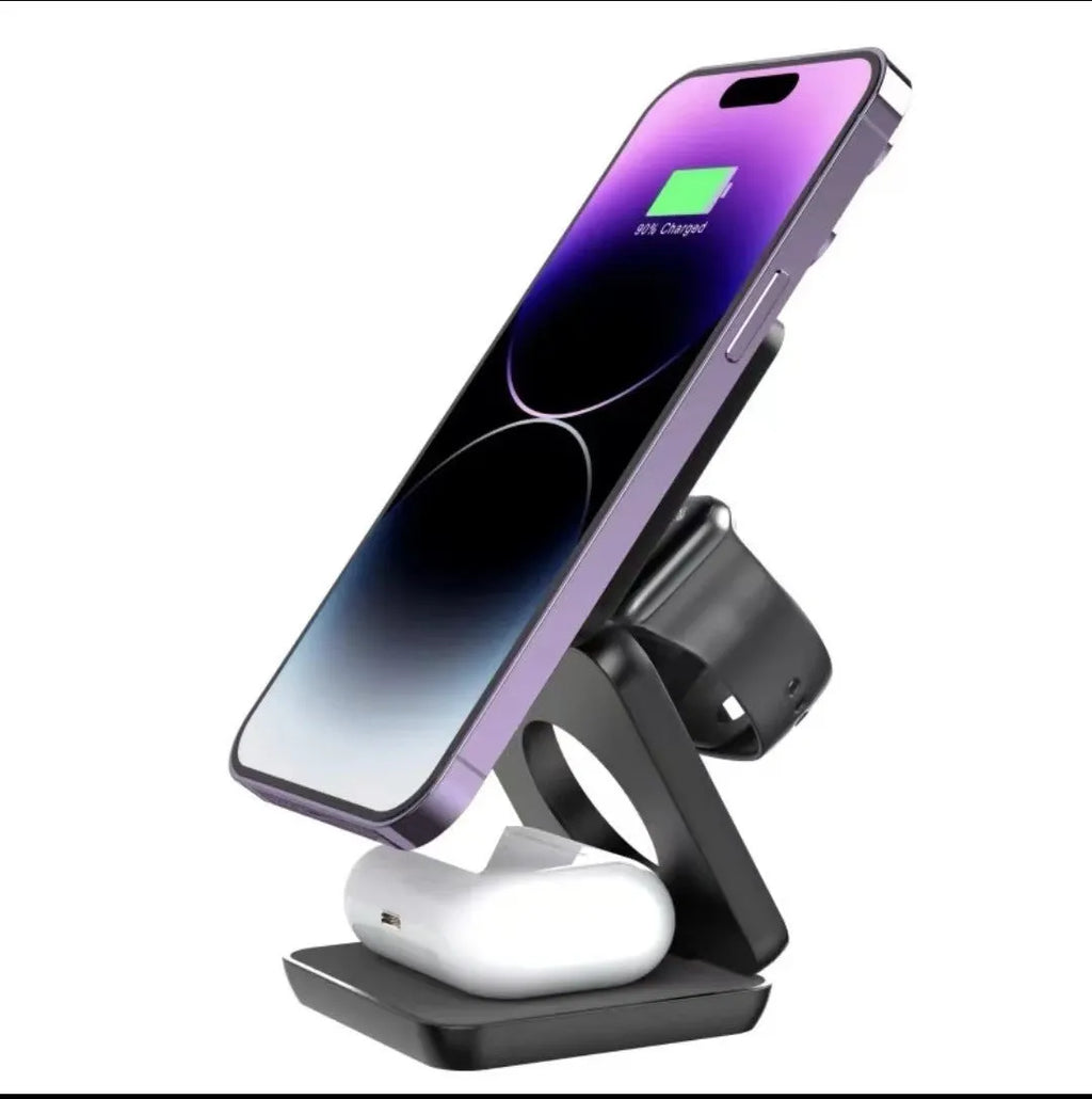 Folding three-in-one wireless charger with magnetic suction in white, showing phone charging on stand