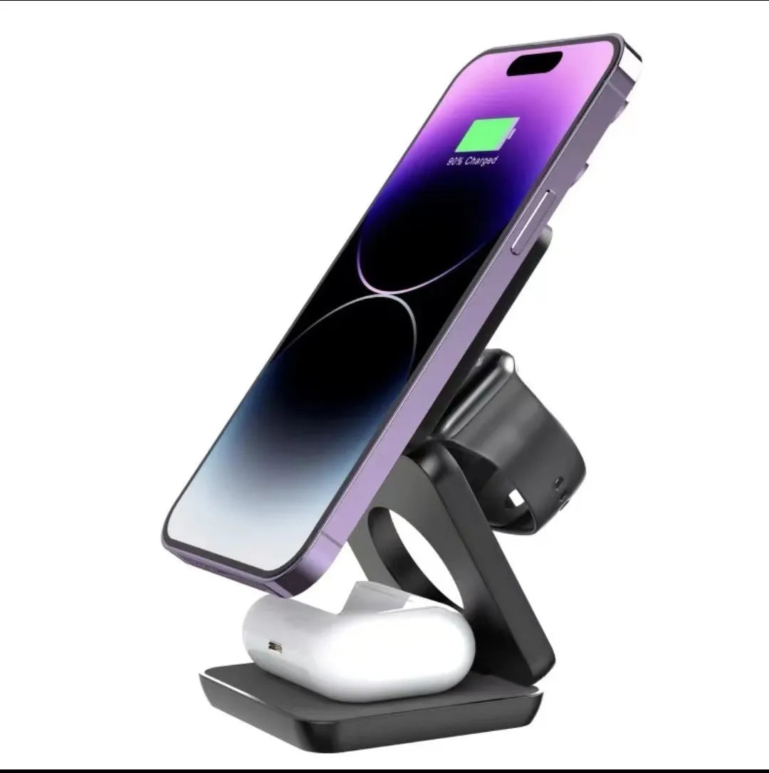 Folding three-in-one wireless charger with magnetic suction in white, showing phone charging on stand