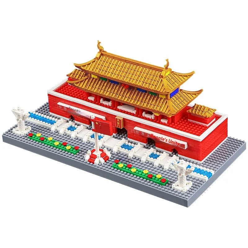 Micro plastic building blocks set assembling into a high-difficulty landmark model like the Eiffel Tower