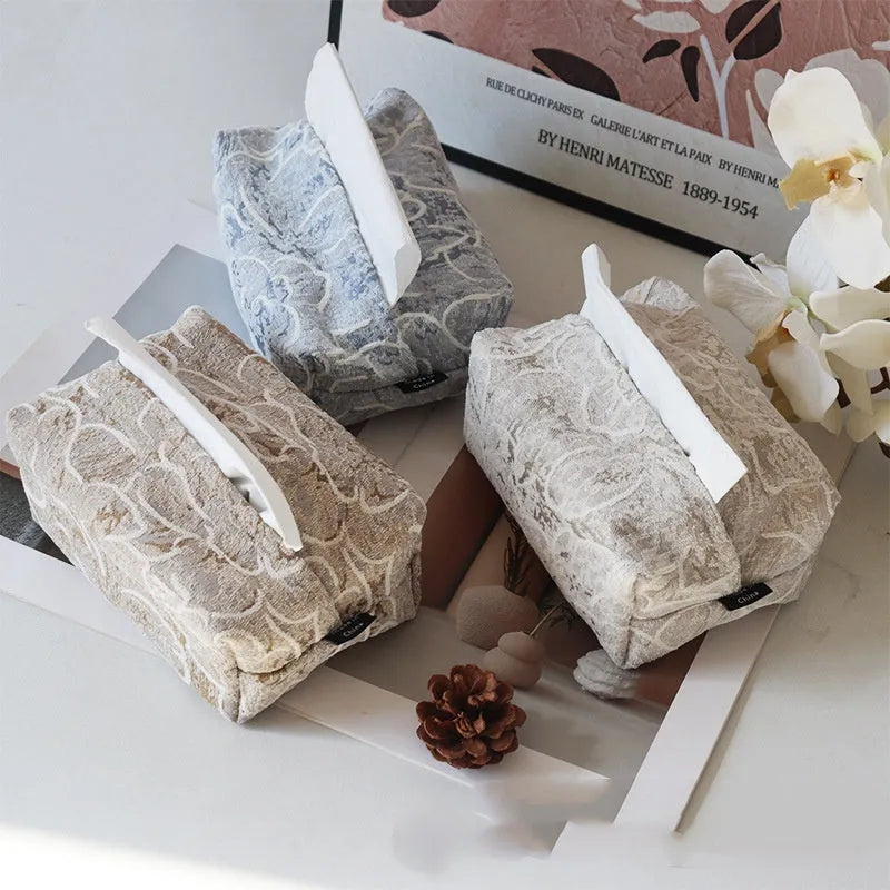 Chinese pastoral cotton fabric tissue box in beige, blue or brown, 17x11x7cm with drawer