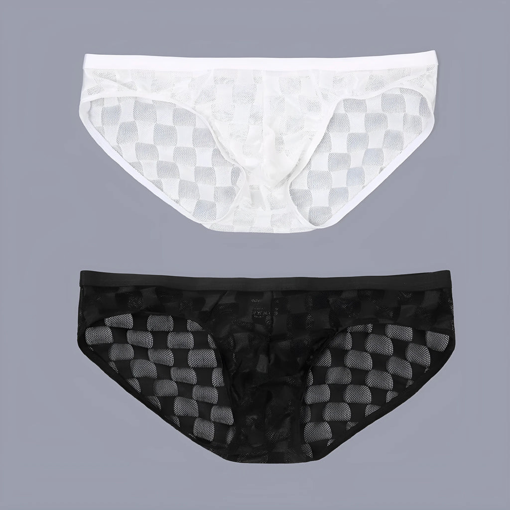 Men's black mesh briefs with plaid pattern showing U-convex construction and lace fabric detail