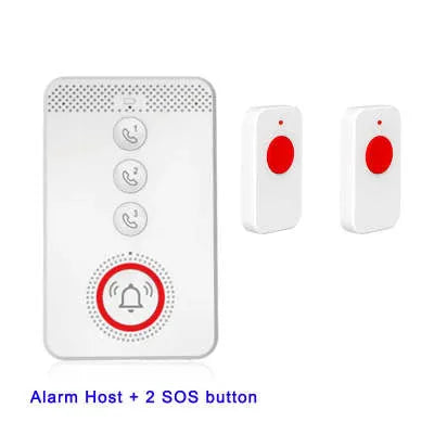 White one-click voice emergency alert device with a main buzzer unit and three portable call buttons.
