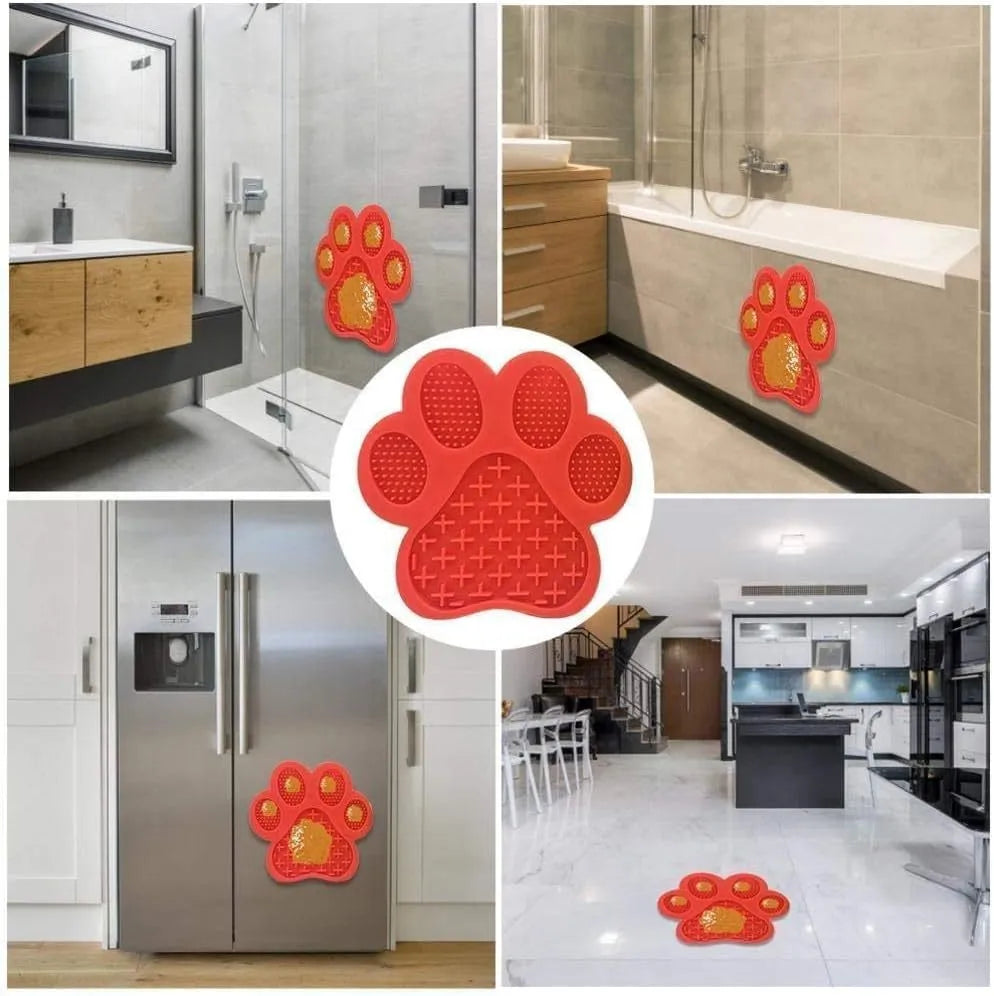 Dog licking mat with peanut butter and strong suction cups on bathroom tile, 18x18x1.2cm silicone pad