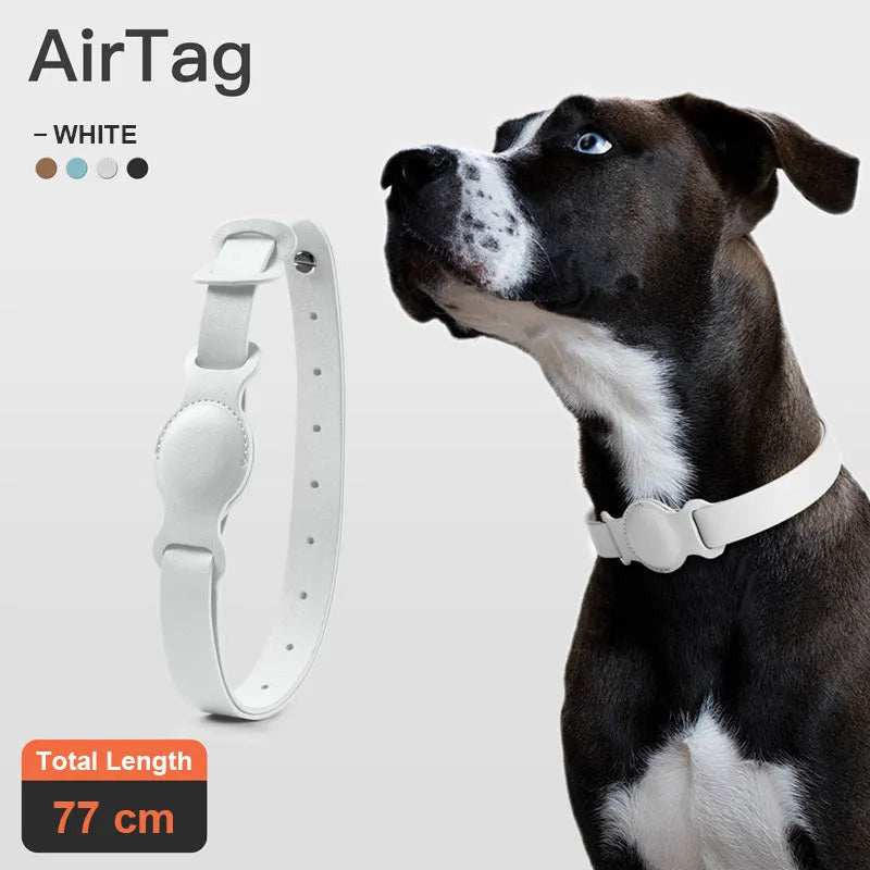 Leather pet collar AirTag holder in misty blue, adjustable 40cm, with silicone lining for anti-scratch protection