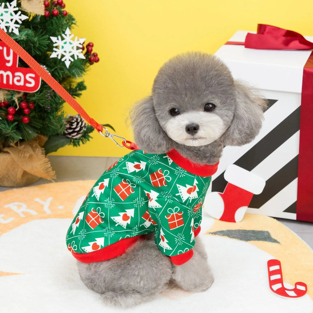 Festive green and red Christmas tree polyester hoodie for dogs, five sizes available