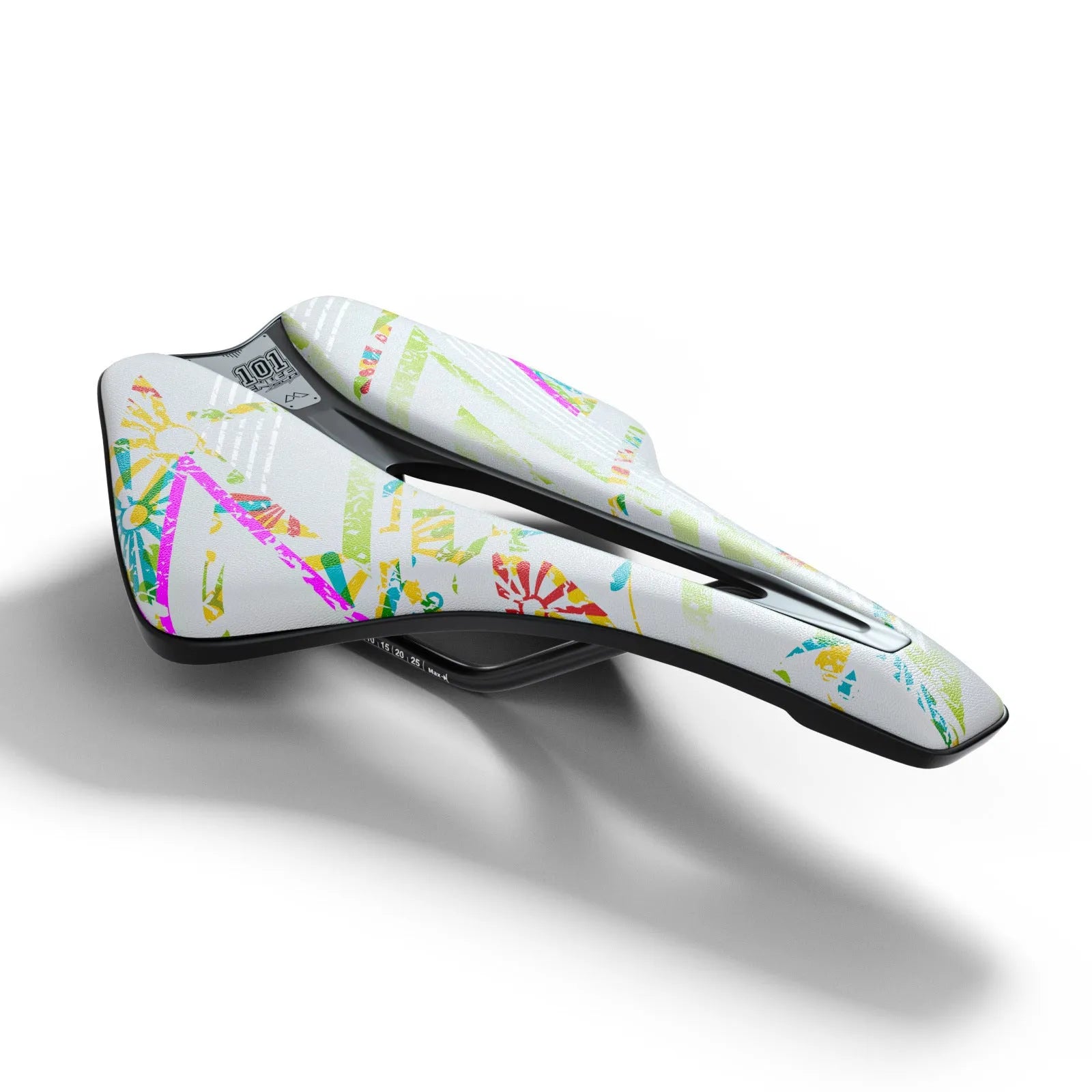 Ultra-light EVA cushion bike saddle with hollow design in PU leather, shown in multiple colour options.