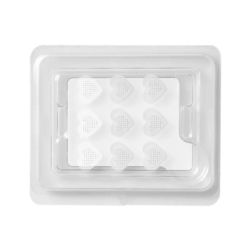 Sheet of nine 14mm soluble hyaluronic acid invisible microneedle acne patches in blister box.
