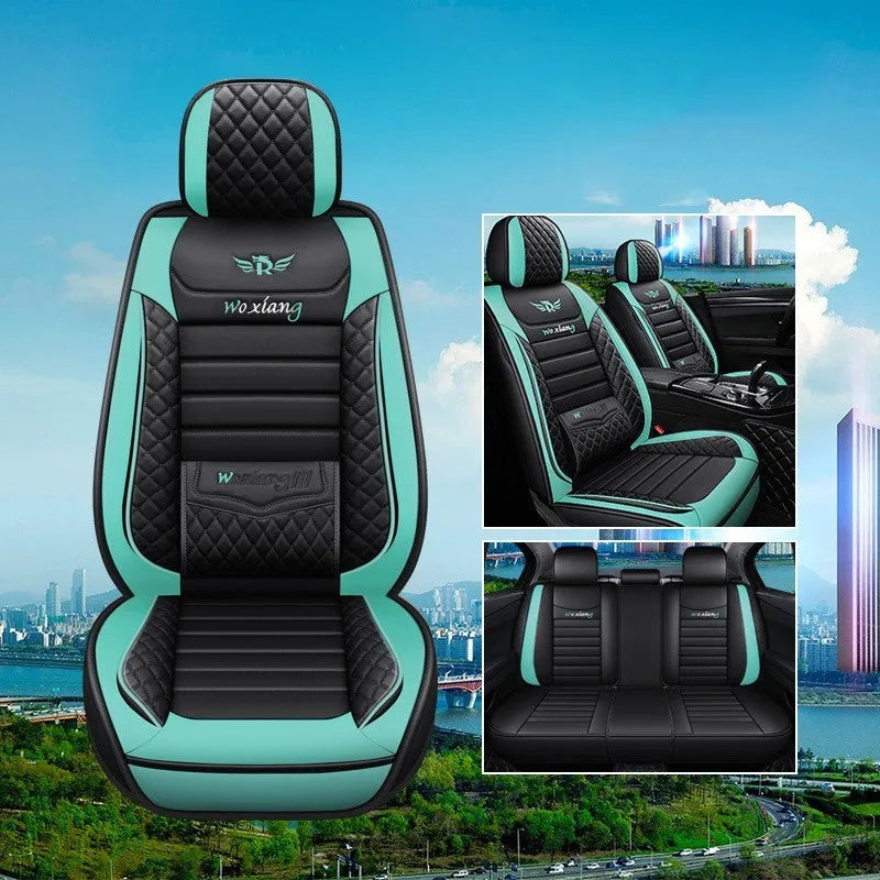 Universal car seat cushion with high elastic sponge filler in red, green, and black colour options.