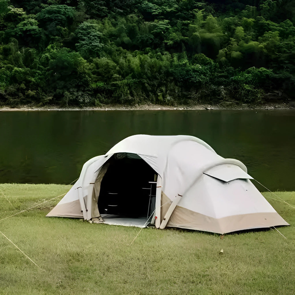 Inflatable 4-person camping tent with rainfly and hand pump for outdoor use
