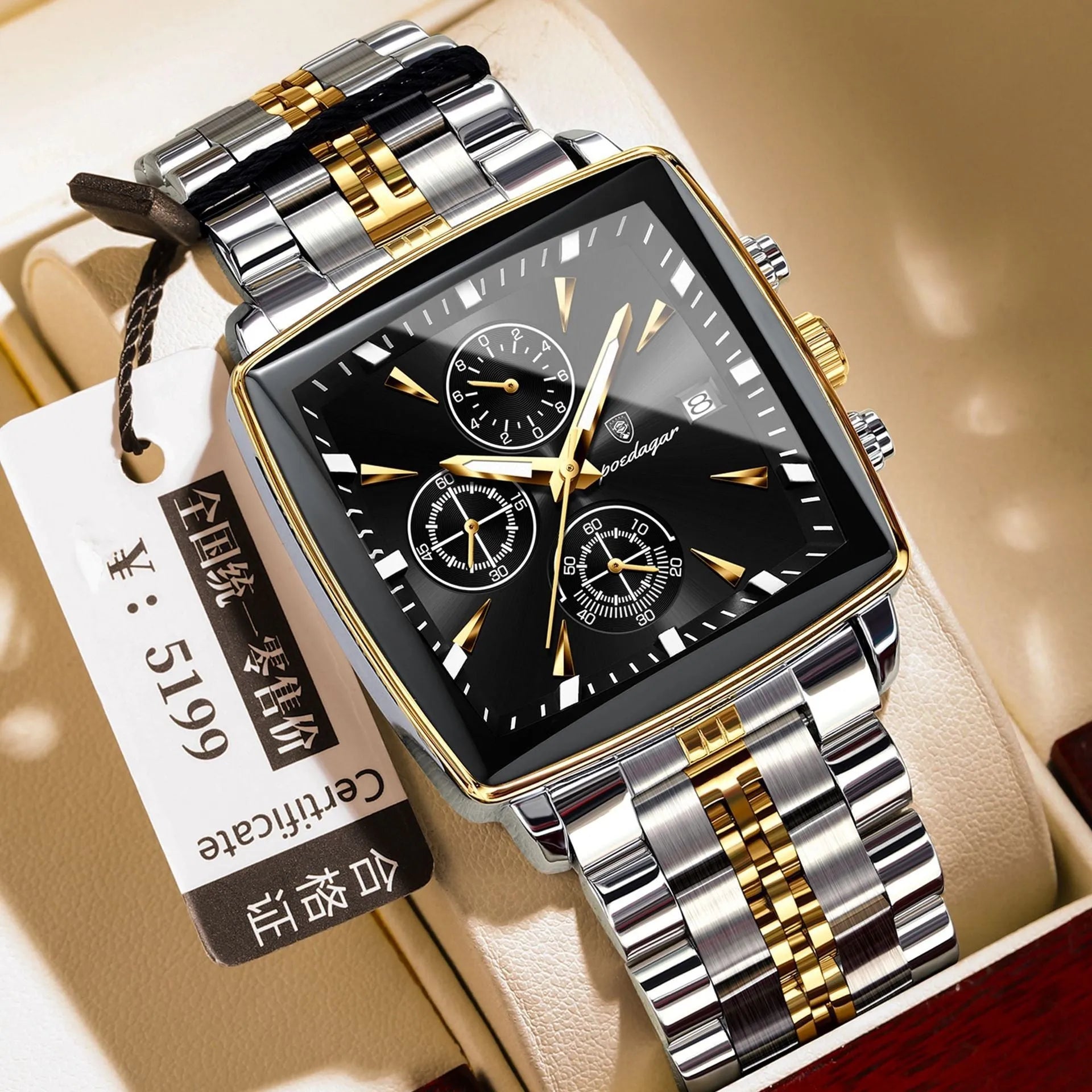 Men's square business quartz watch with stainless steel strap and mineral glass, shown in gold case with blue dial