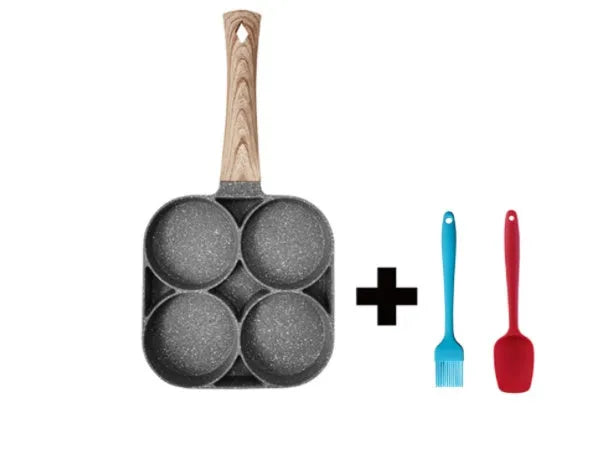 Four-hole aluminium non-stick frying pan with Bakelite handle and cooking accessories