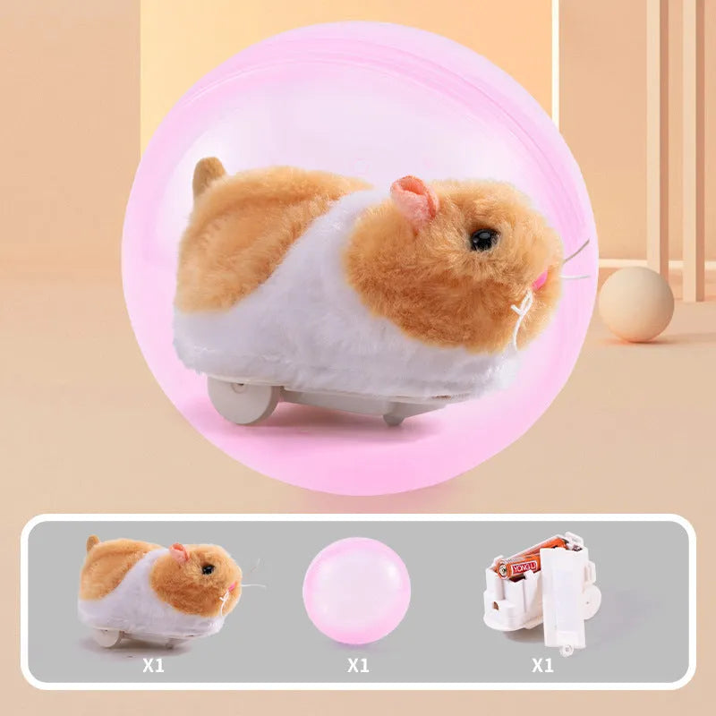 Transparent plastic hamster rolling ball with plush shell in beige hamster design and battery base
