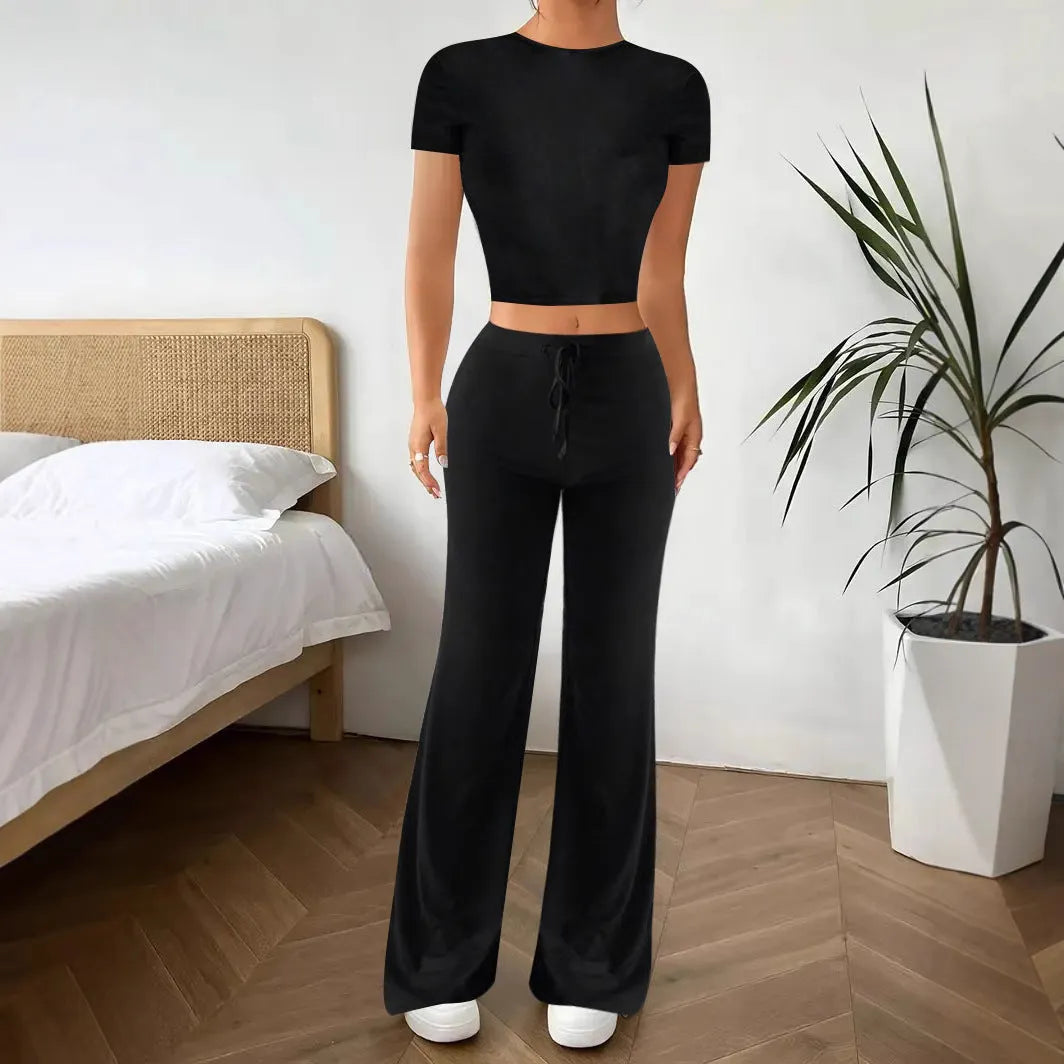 Black polyester women's suit set with high waist trousers and short sleeve t-shirt