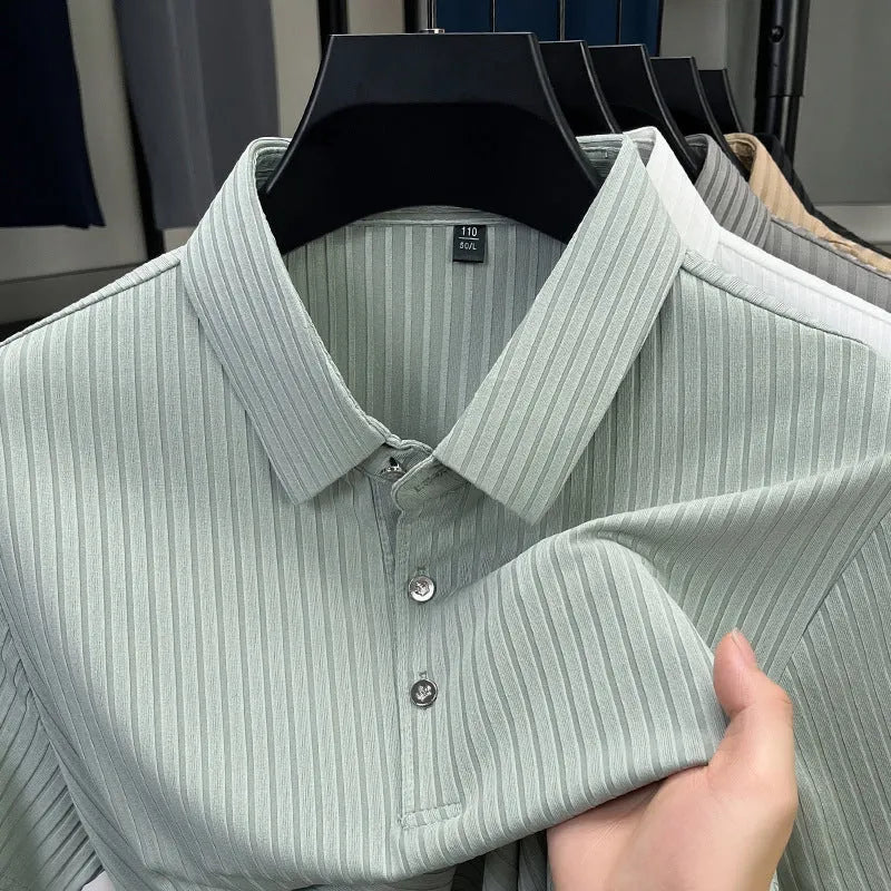 Men's ice silk cut-out lapel polo shirt with stripe pattern in light green – loose fit business casual top