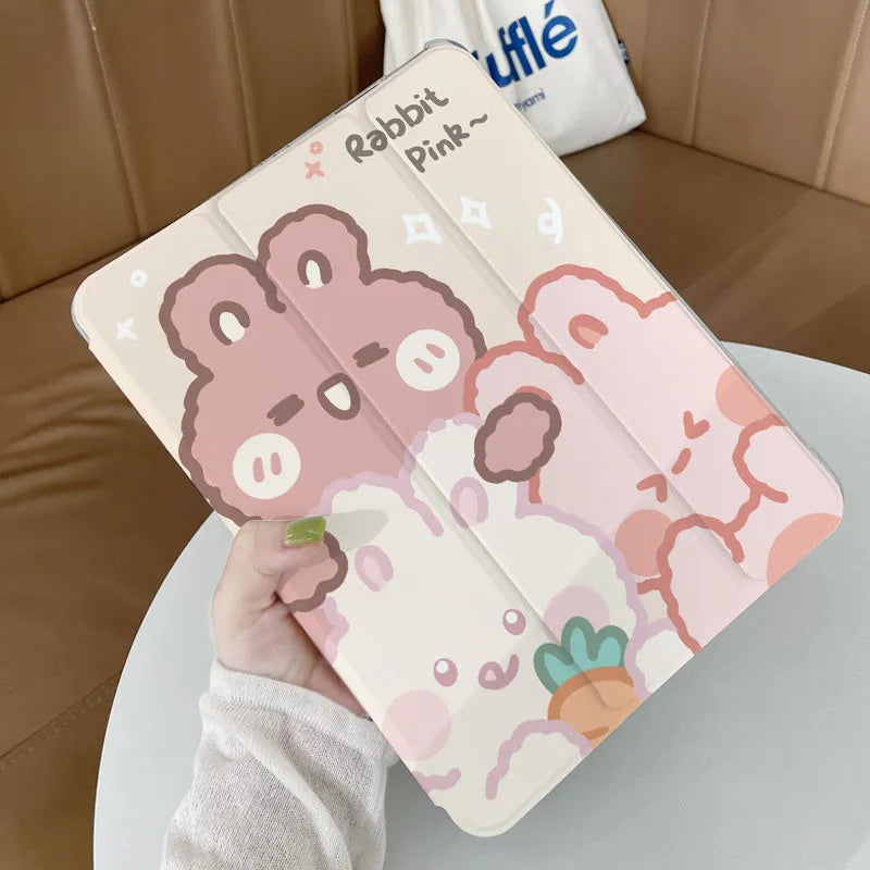 Rabbit cartoon design tri-fold silicone protective case for an iPad tablet, shown in stand mode.