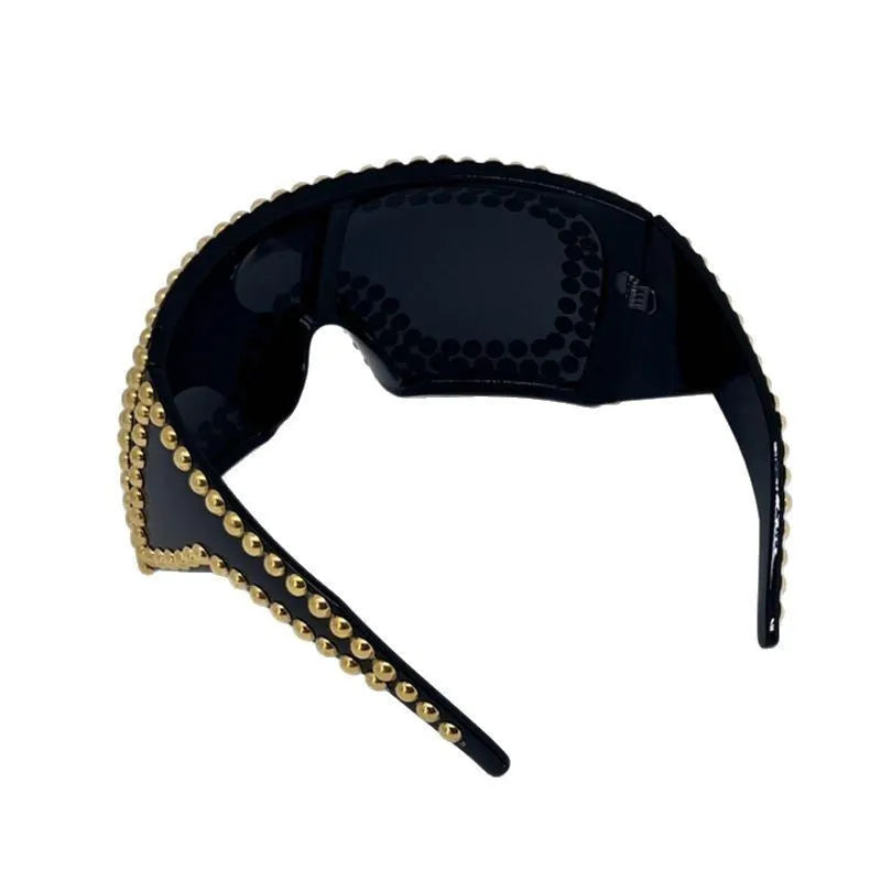 Men's square sunglasses with large rim and punk rivet detailing in silver or gold colours