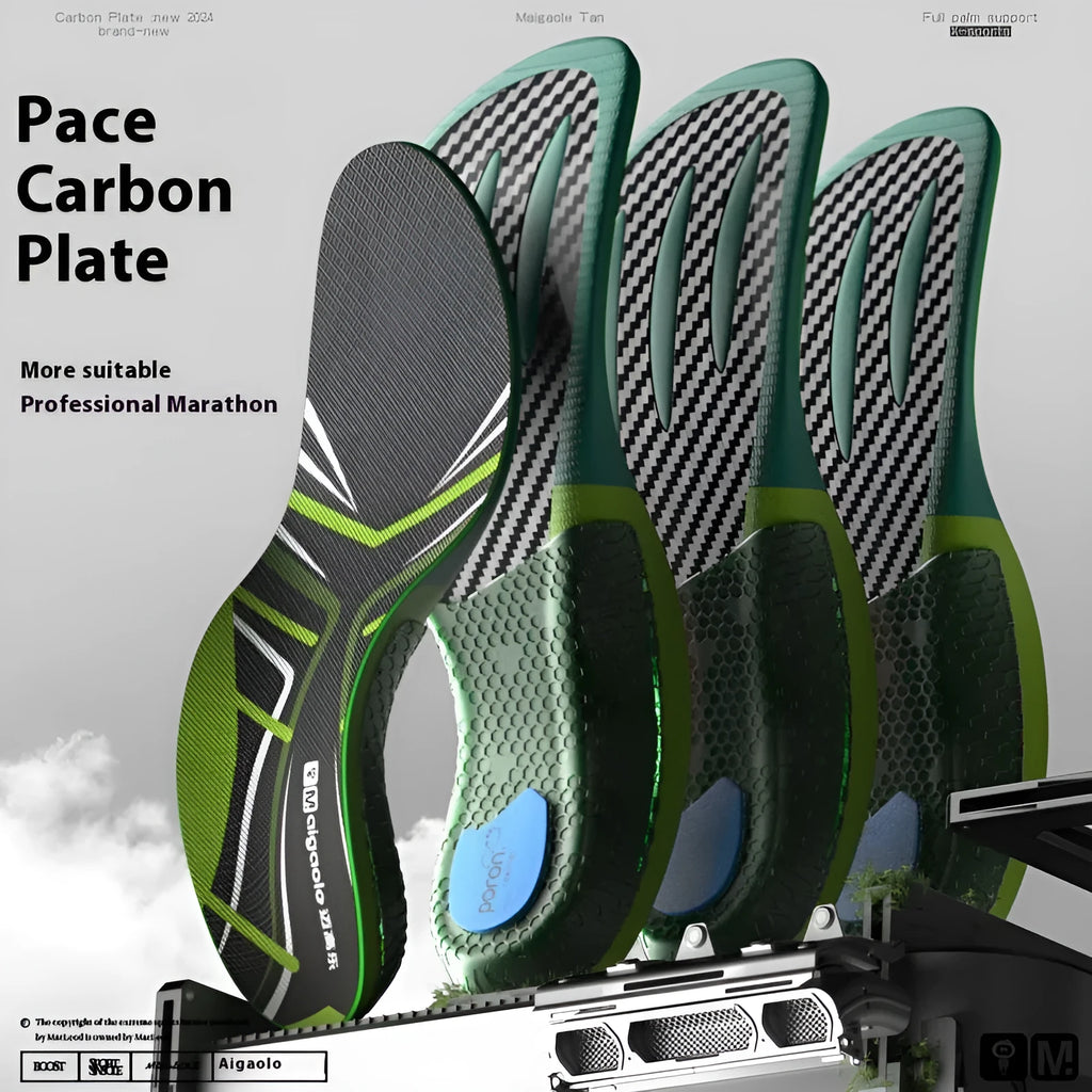 Unisex marathon racing insoles in green and red with carbon plate EVA PU gel cushioning