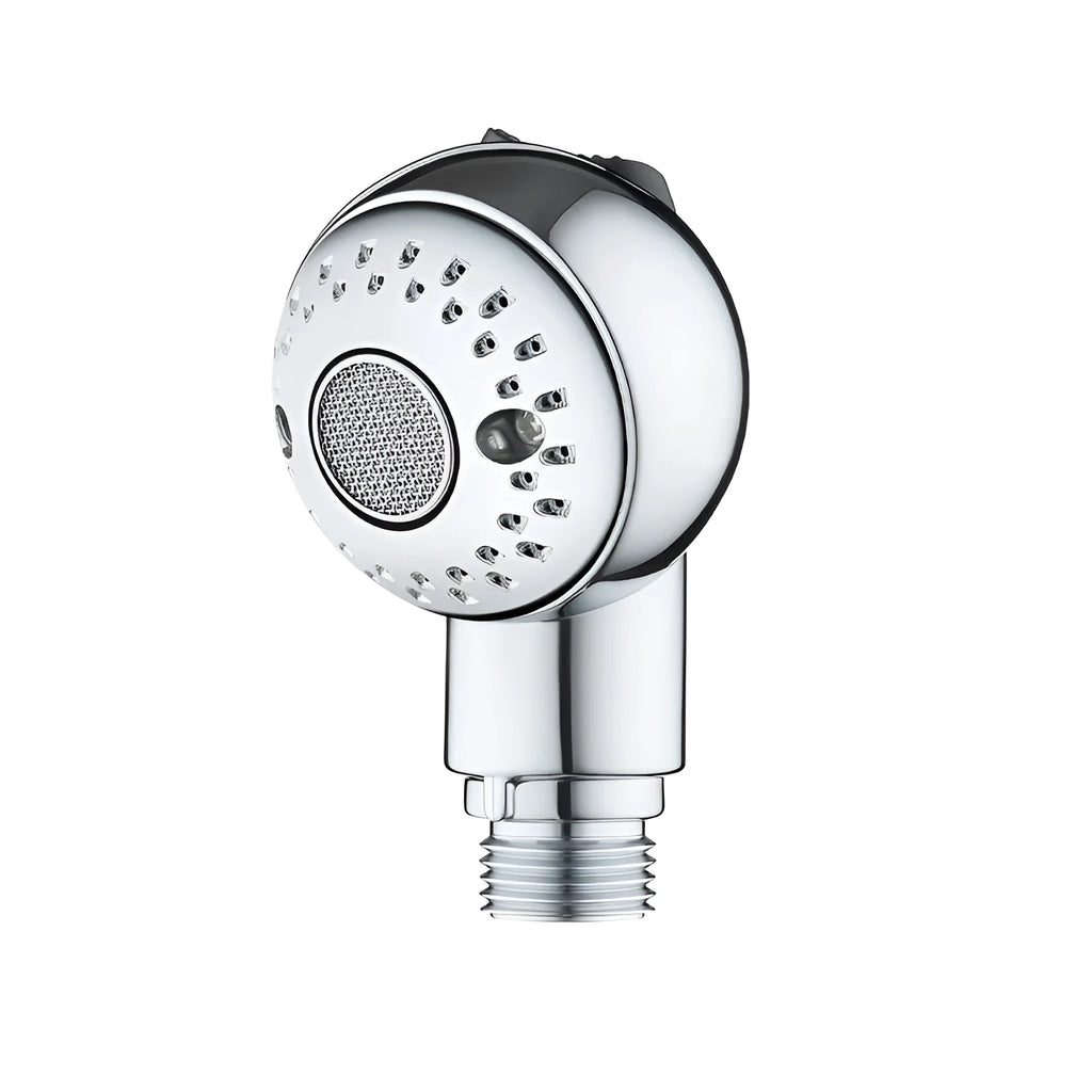 Silver handheld pet shower head with non-pressurised gentle spray for baby and pet baths