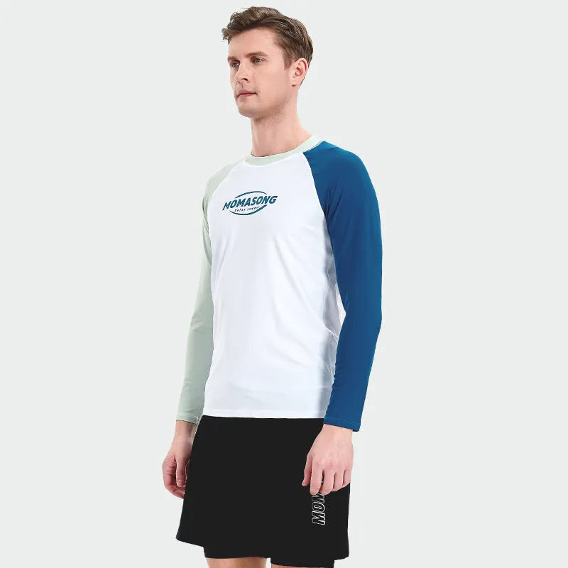 White men's long-sleeved swimsuit top and matching swimming trunks for beach sports