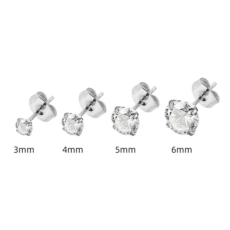 Titanium steel geometric zircon stud earrings in round and square designs with gold and steel colour options