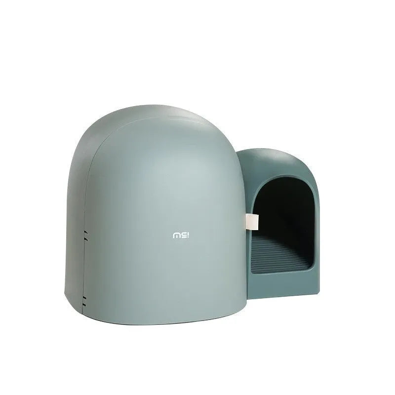 Fully enclosed oversized cat litter box in ABS plastic measuring 67.7cm long, shown in Aurora White colour.