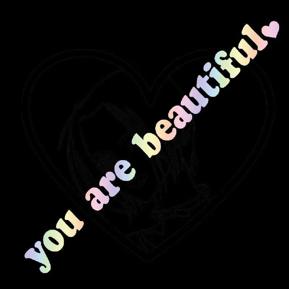 You Are Beautiful sport PVC vinyl stickers in nine colours showing laser and gold finishes with dimensions