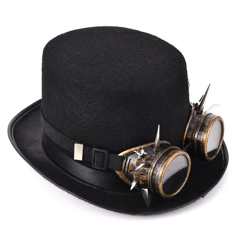 Black steampunk top hat with rivet glasses detail, made from wool and felt