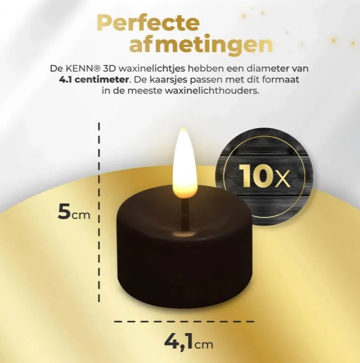Four black LED tealight candles showing flickering flame effect with dimensions 4.1cm diameter 5cm height
