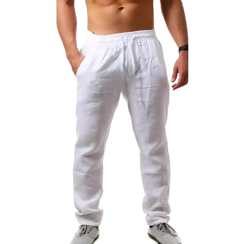 Men's loose-fit cotton beach trousers in solid white, sky blue, khaki, or black colours.