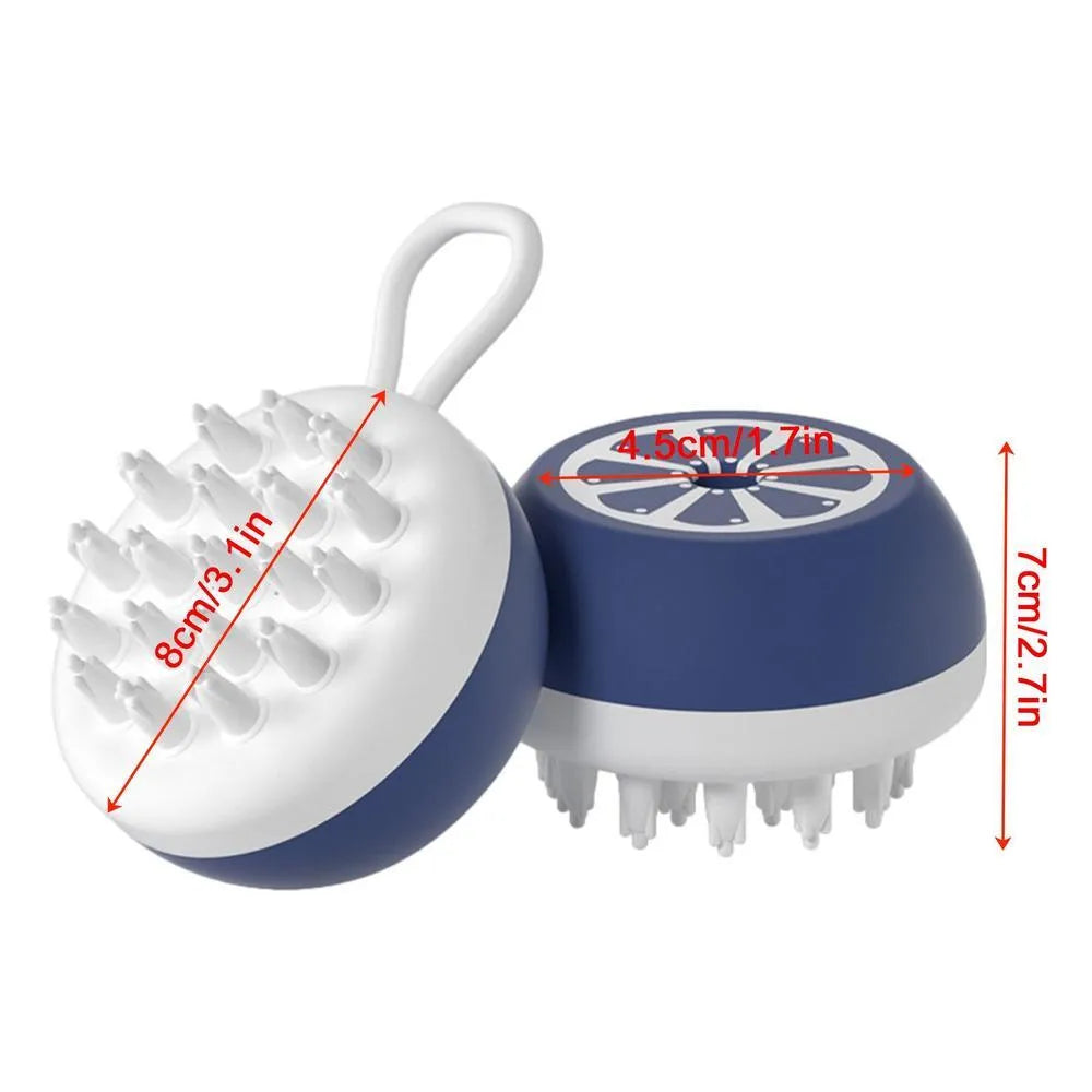 Blue 3-in-1 dog shampoo brush with silicone massage head and non-slip handle for bath time.