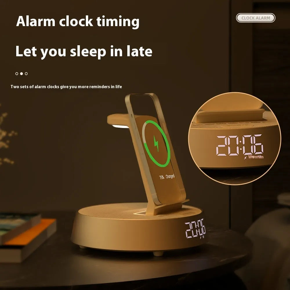 Wireless Bluetooth speaker clock alarm clock with wireless charger in beige, black, or light gray for home use