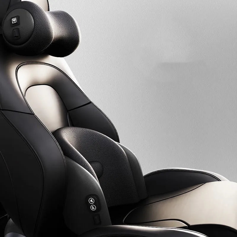 Car massage cushion with memory cotton in classic black colour showing headrest and lumbar support components