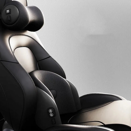 Car massage cushion with memory cotton in classic black colour showing headrest and lumbar support components