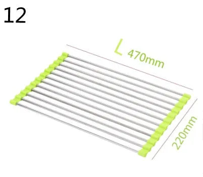 Stainless steel folding kitchen sink drain rack shown in a choice of colours