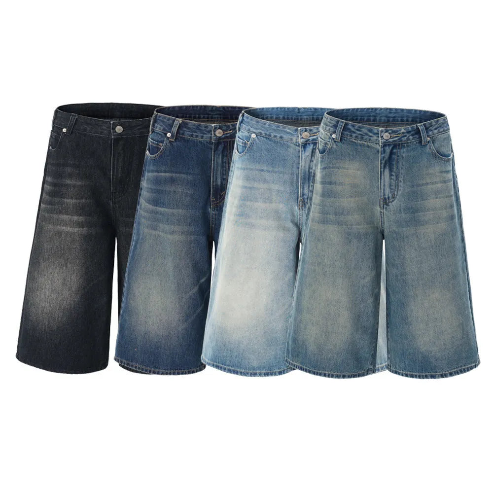 Men's loose straight denim shorts in light blue, cropped length, flat lay