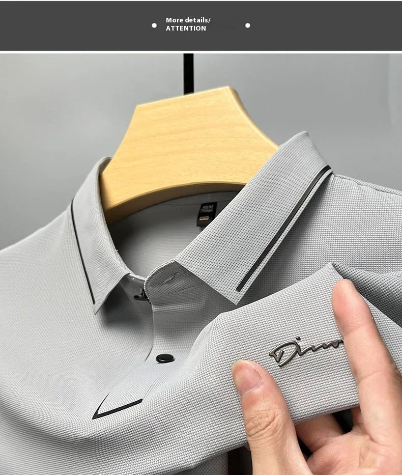 Men's ice silk short sleeve shirt collar summer polo shirt, loose fit, solid colour, nylon fabric, casual top
