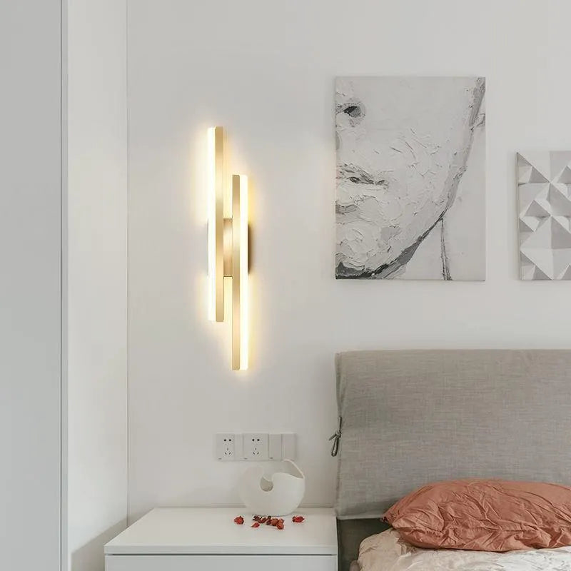 Modern minimalist Scandinavian LED wall light with acrylic shade in black or gold finish, shown in 48cm, 50cm, and 65cm sizes.
