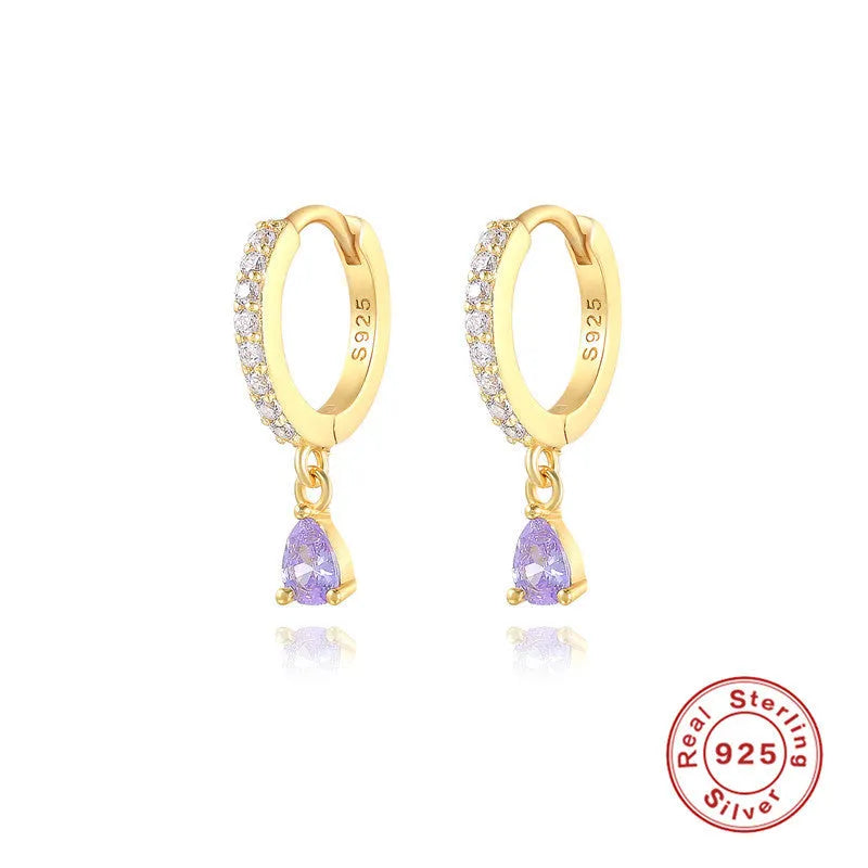 S925 sterling silver geometric water drop earrings with electroplated finish and stone accents