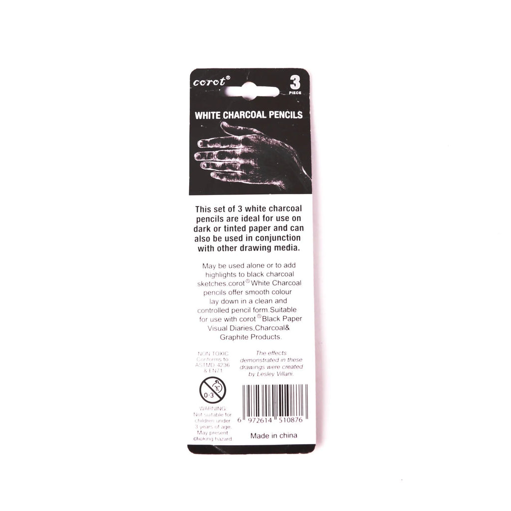 Three white charcoal pencils with wooden casings for sketching and highlighting on dark paper