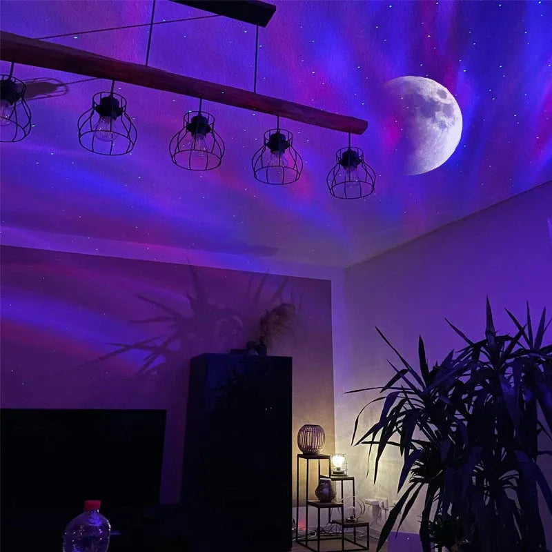 Aurora Borealis star projector lamp with remote control, white ABS body, projecting green stars and Northern Lights