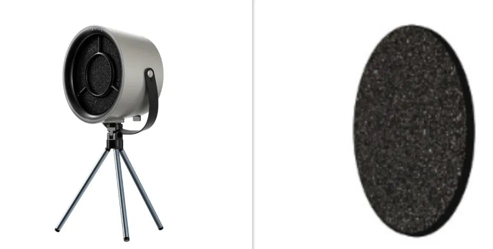 Milky white portable desktop exhaust fan with USB cable and removable filter on tripod stand