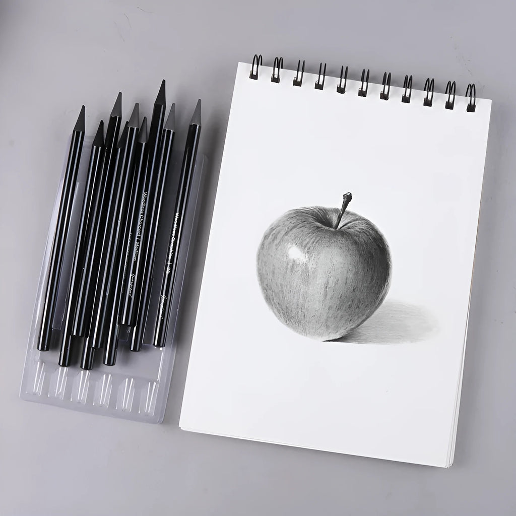 Solid graphite and carbonized pencil set in suction card pack with wooden shell