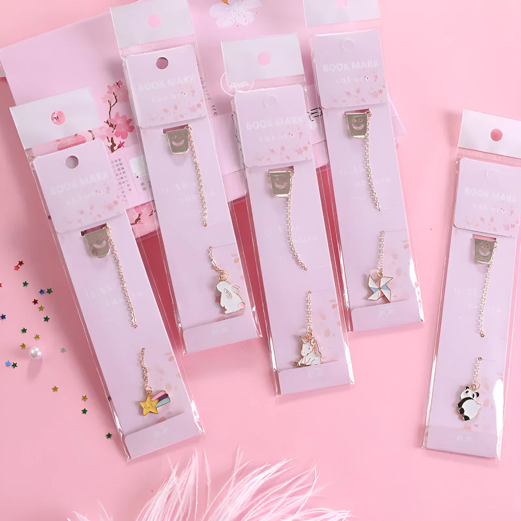 Metal bookmark with cartoon pendant in choice of animal and object designs