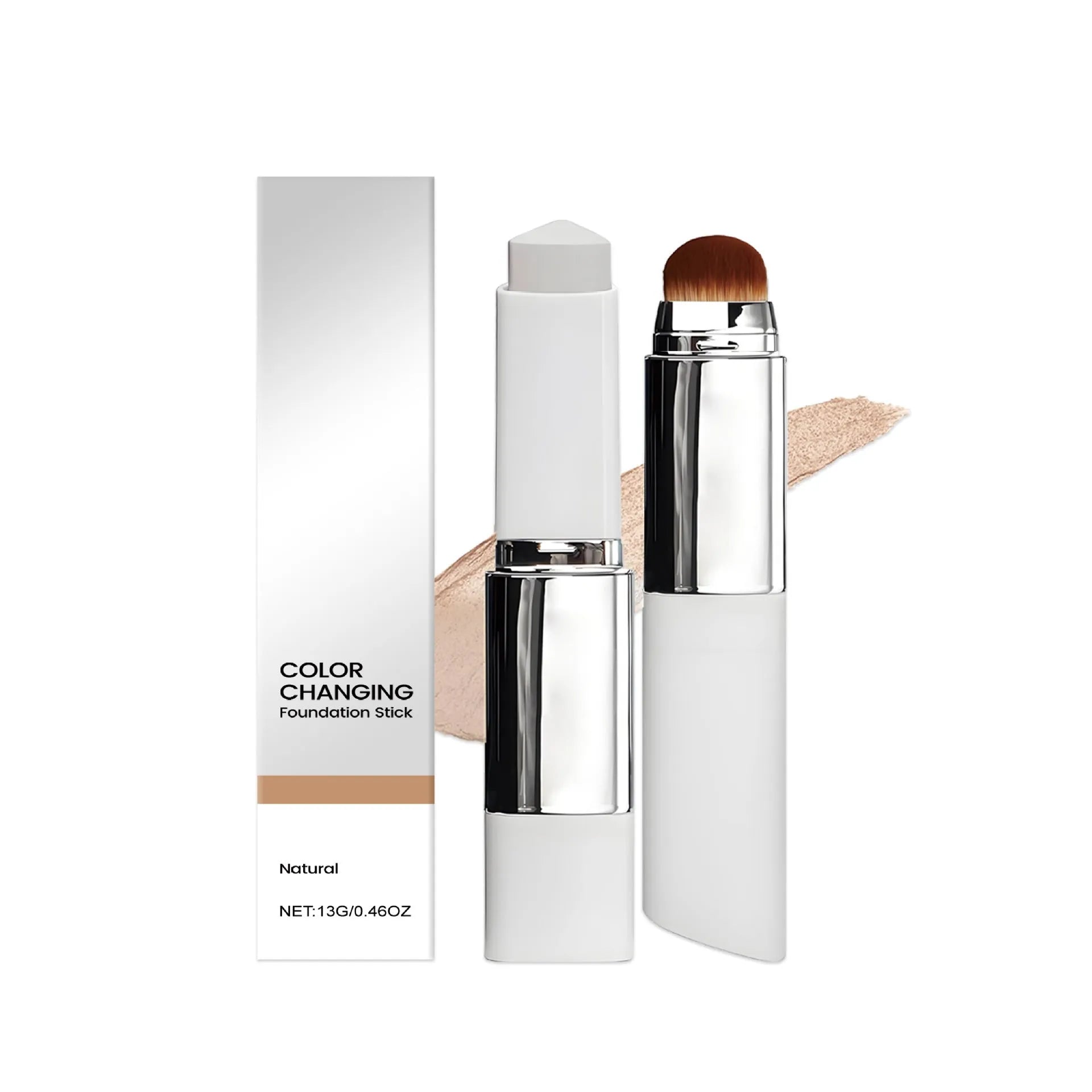 Clear powder foundation makeup stick in twist-up case, showing three shade options.