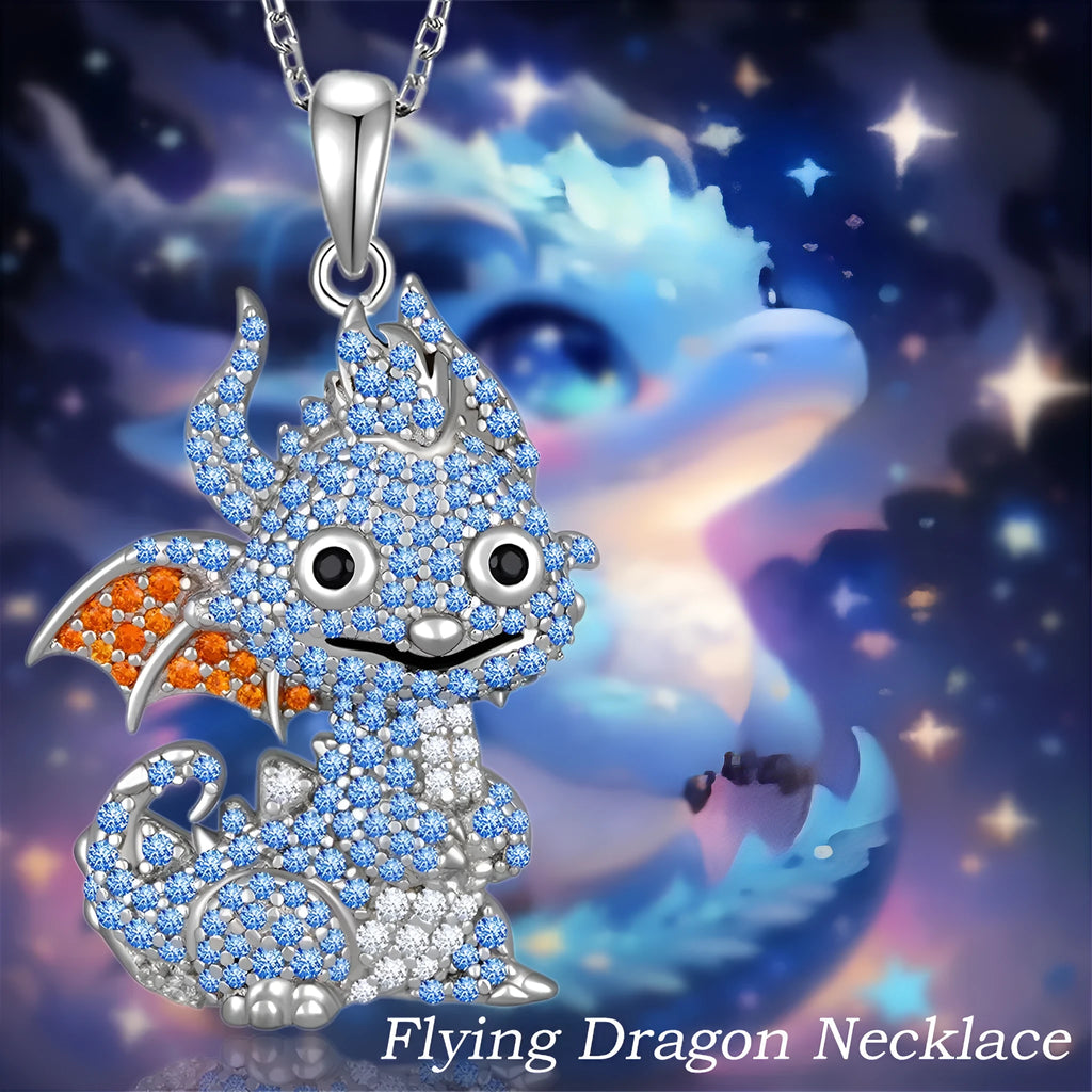 Blue zircon flying dragon pendant necklace on O-ring chain, zinc alloy, 50cm length