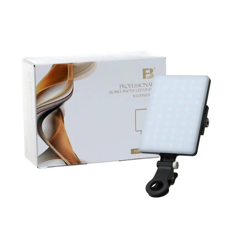 White portable LED fill light with phone mounting clip for video calls and selfies