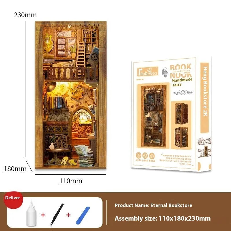CuteBeediy Green Bamboo Bookstore wooden 3D hand-assembled book stand model with flashing lights on a wooden surface