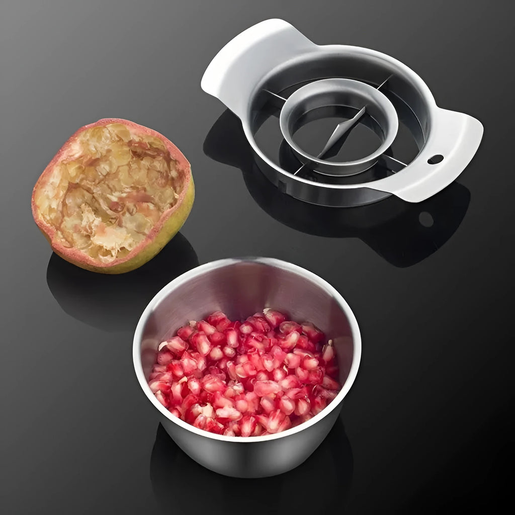 Stainless steel pomegranate opener tool with wooden hammer and bowl for deseeding
